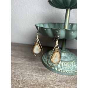 Rustic‎ Double Teardrop Dangle Earrings Ceramic Speckled Glaze Mixed Media